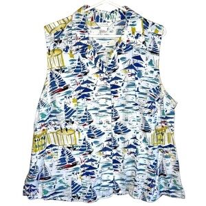 CJ Banks Sleeveless Cotton Collared Button Down Sailboat Blouse Size 1X